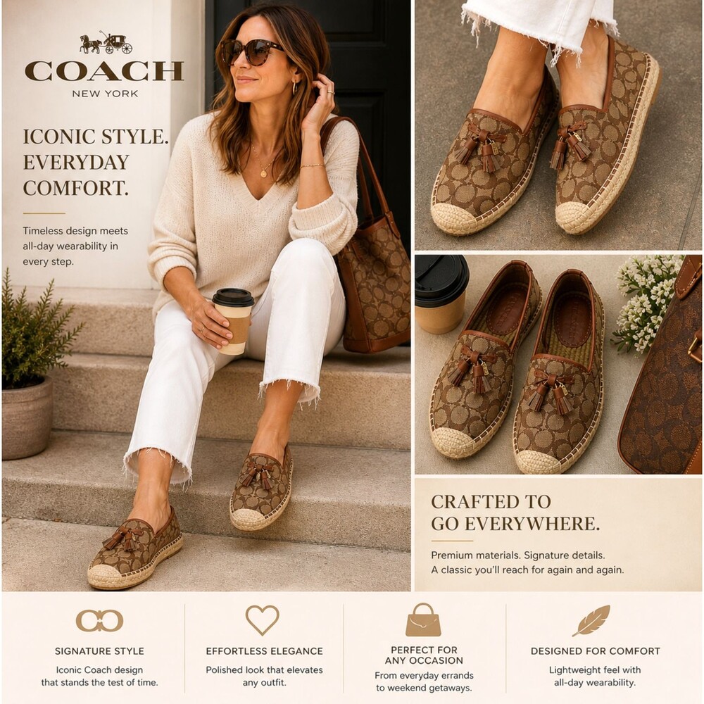 Coach Carson Espadrille Flats 11 Khaki Signature Jacquard Logo Tassel Charm Bow